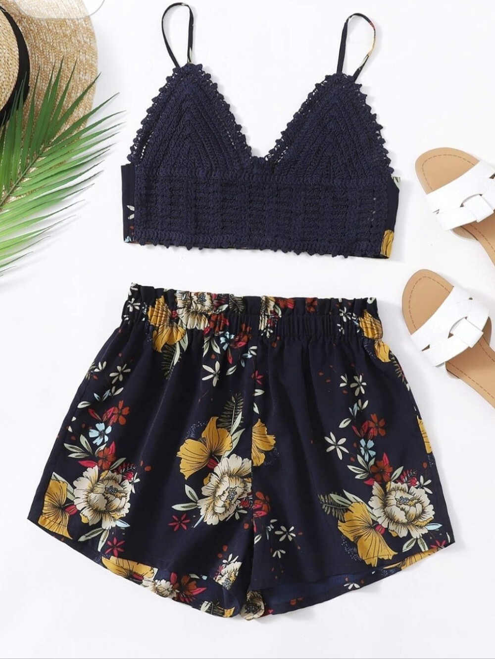 Navy Crochet Bralette & Floral Shorts Set